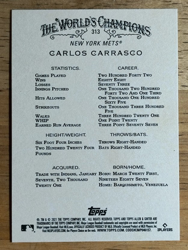2021 Topps Allen and Ginter #313 Carlos Carrasco SP