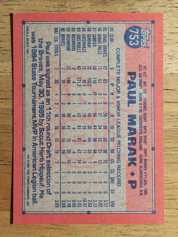 1991 Topps #753 Paul Marak RC
