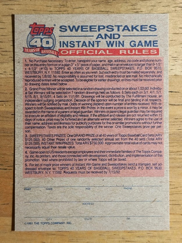 1991 Topps Instant Win Game #NNO Instant Win Game Card/Expired