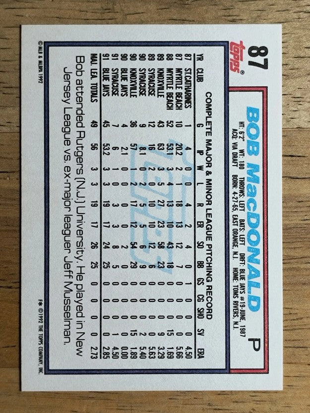 1992 Topps #87 Bob MacDonald