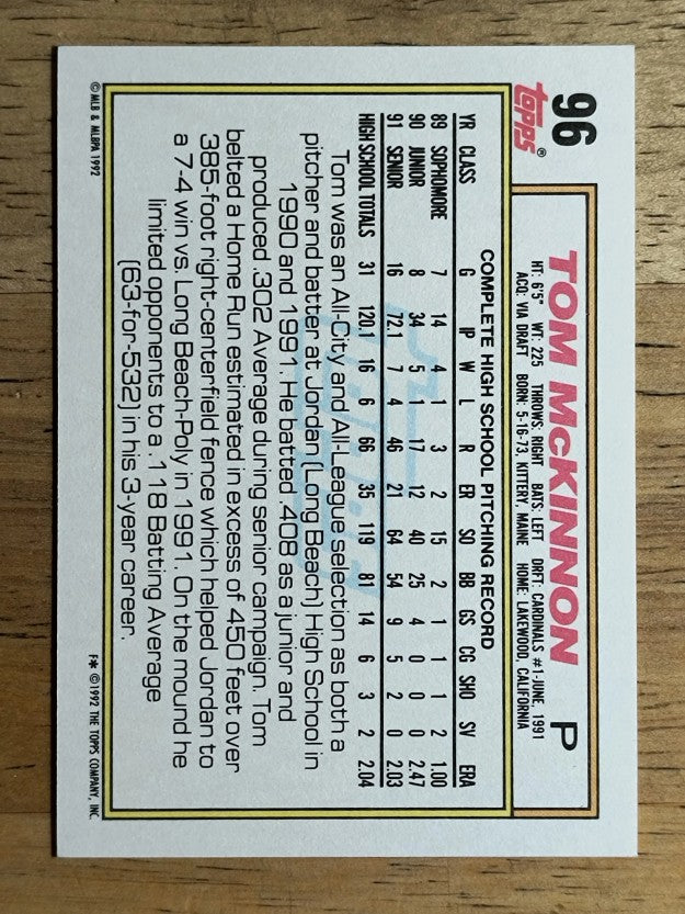 1992 Topps #96 Tom McKinnon RC