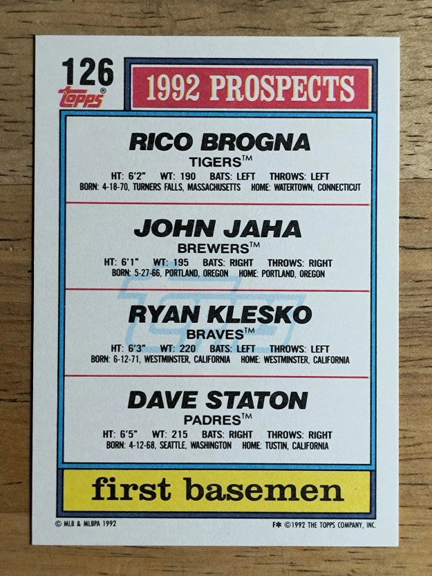 1992 Topps #126 Ryan Klesko/John Jaha RC/Rico Brogna/Dave Staton