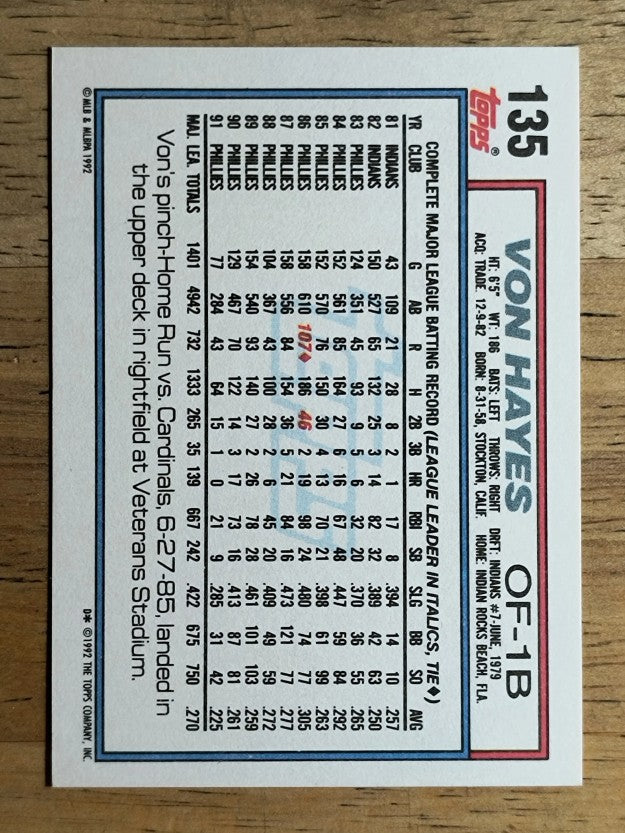 1992 Topps #135 Von Hayes