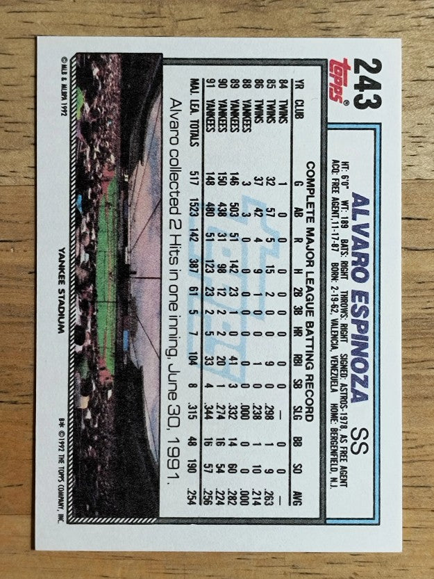 1992 Topps #243 Alvaro Espinoza