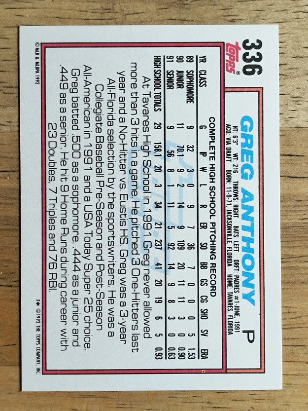 1992 Topps #336 Greg Anthony RC