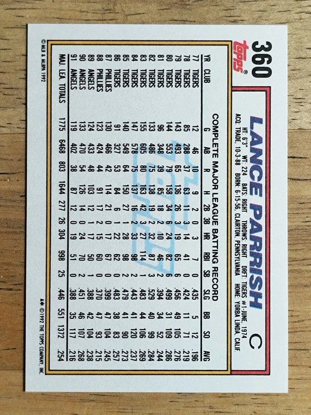1992 Topps #360 Lance Parrish