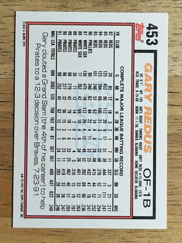 1992 Topps #453 Gary Redus
