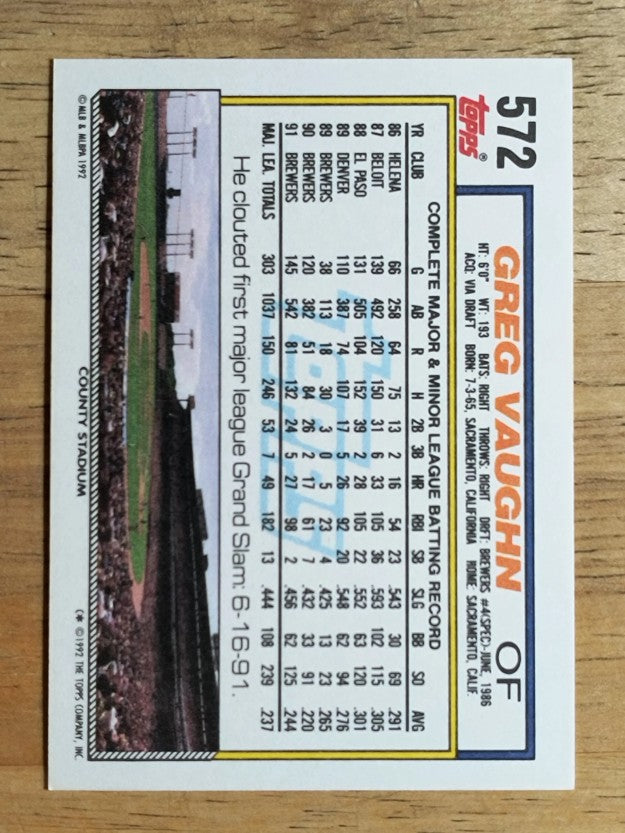 1992 Topps #572 Greg Vaughn