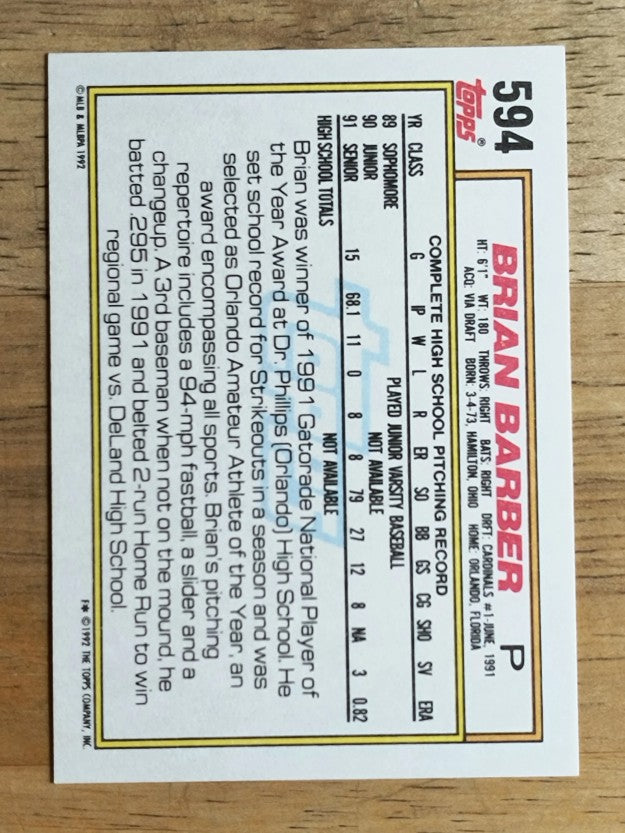 1992 Topps #594 Brian Barber RC