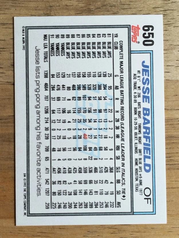 1992 Topps #650 Jesse Barfield