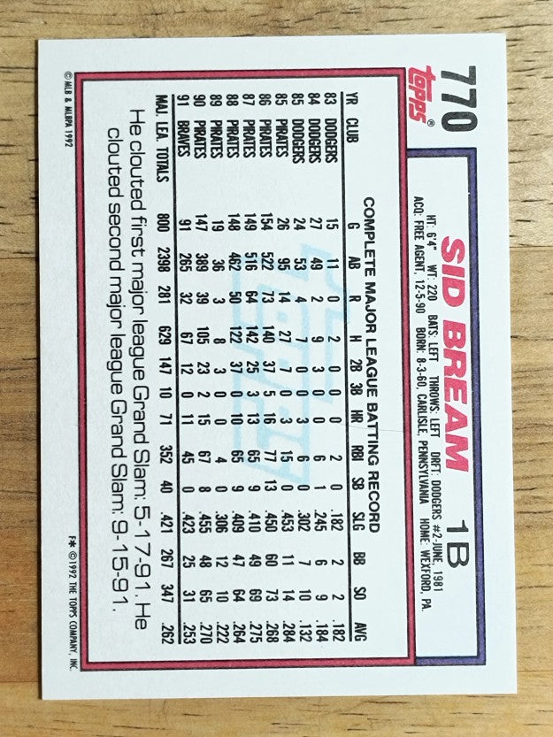 1992 Topps #770 Sid Bream
