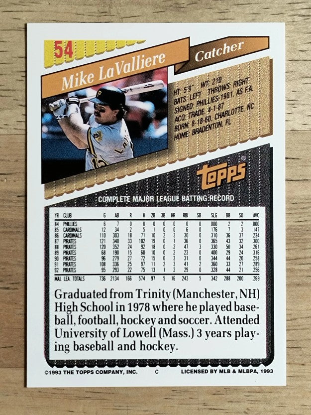 1993 Topps #54 Mike LaValliere