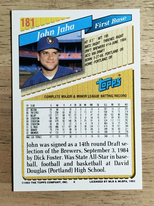1993 Topps #181 John Jaha