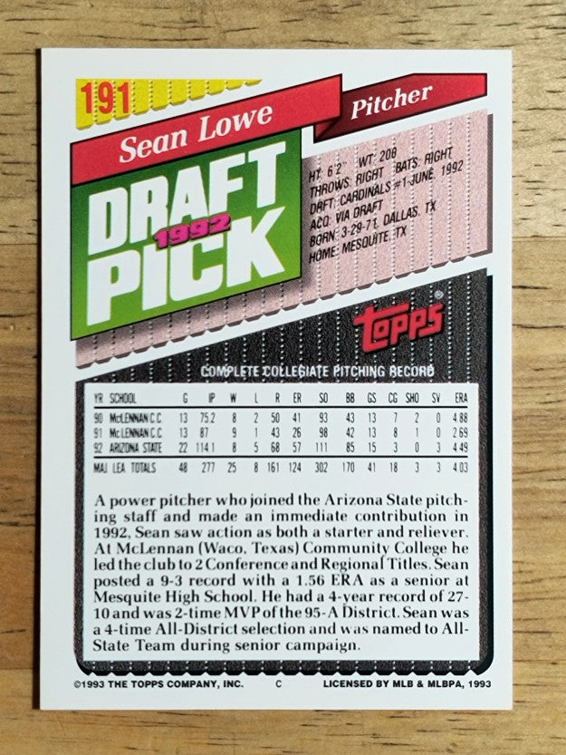 1993 Topps #191 Sean Lowe RC