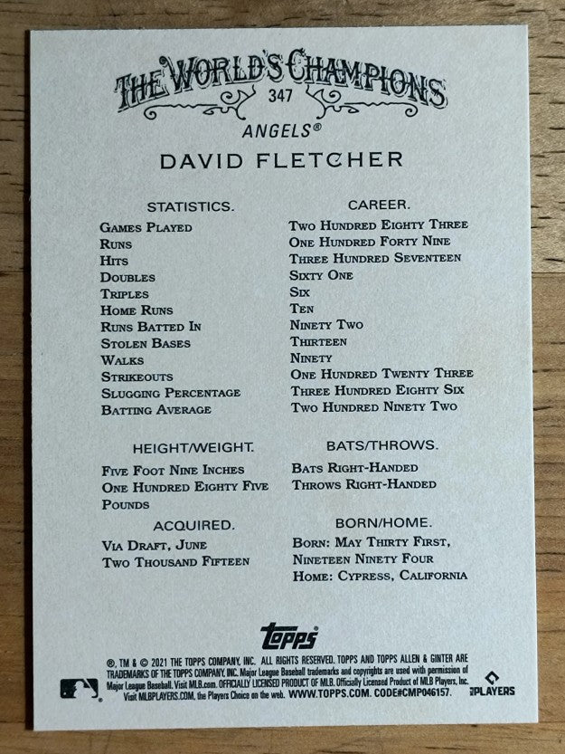 2021 Topps Allen and Ginter #347 David Fletcher SP