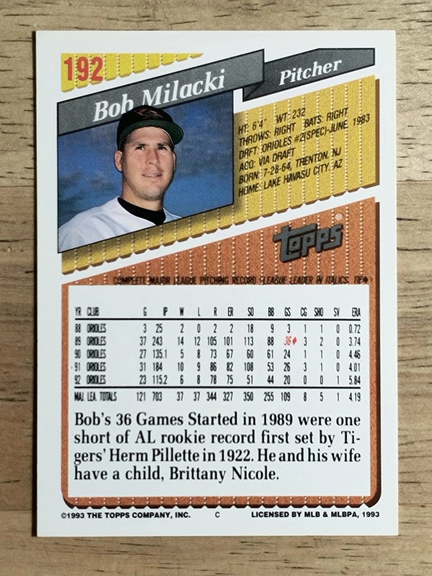 1993 Topps #192 Bob Milacki