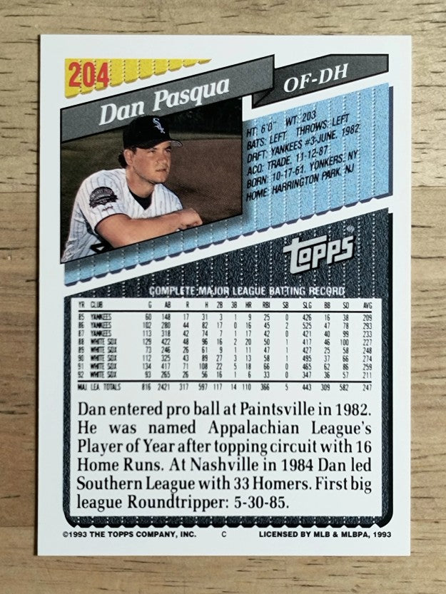 1993 Topps #204 Dan Pasqua