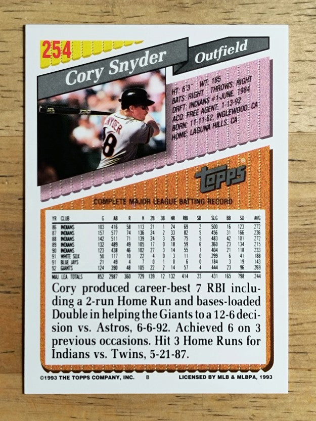 1993 Topps #254 Cory Snyder