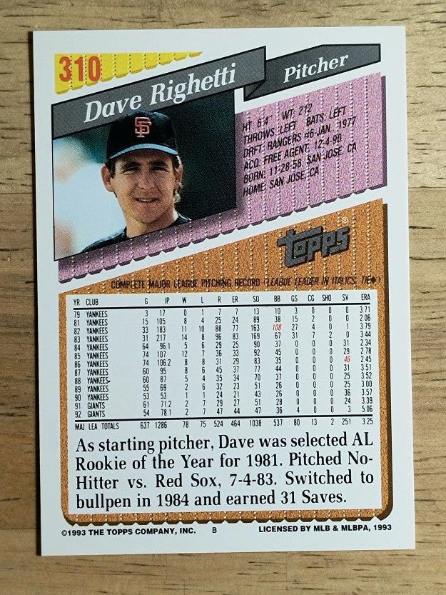 1993 Topps #310 Dave Righetti