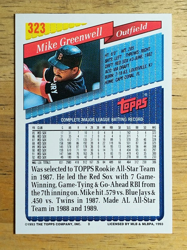 1993 Topps #323 Mike Greenwell