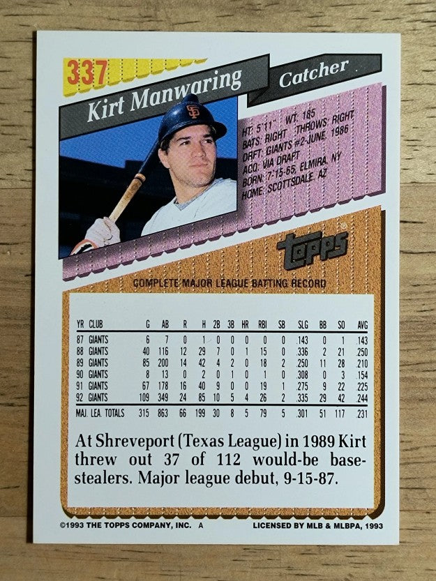 1993 Topps #337 Kirt Manwaring