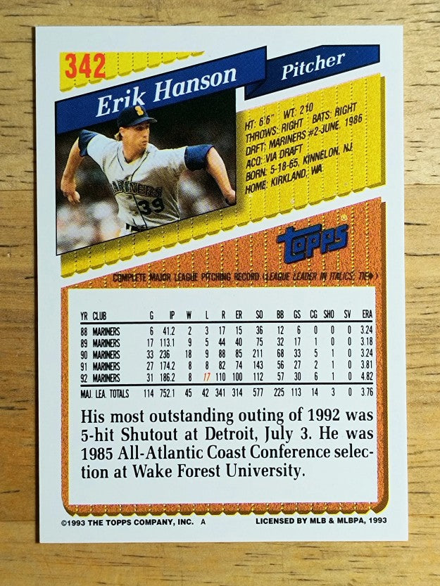 1993 Topps #342 Erik Hanson