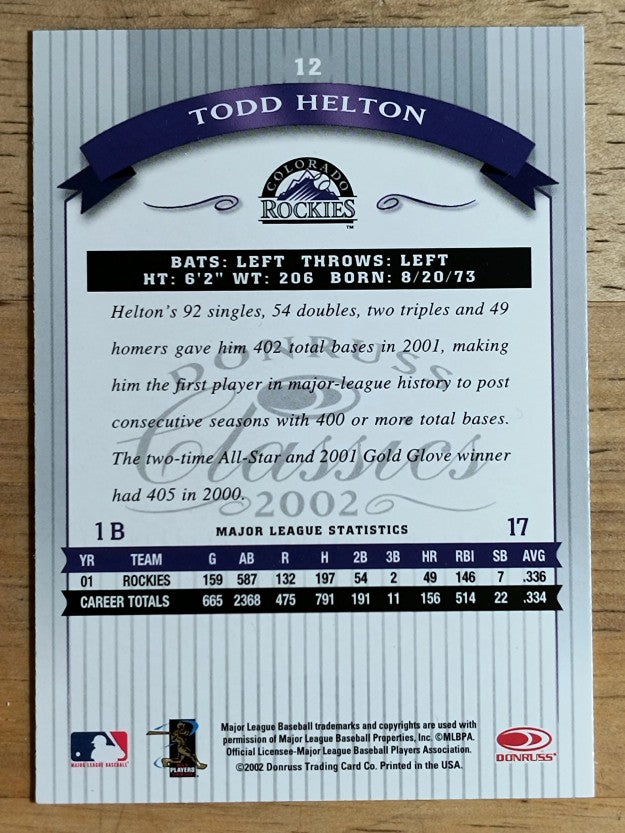 2002 Donruss Classics #12 Todd Helton