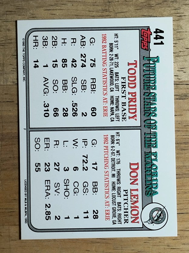 1993 Topps #441 Don Lemon/Todd Pridy RC