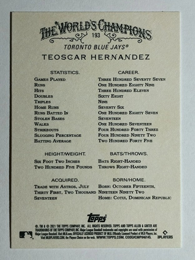 2021 Topps Allen and Ginter #193 Teoscar Hernandez