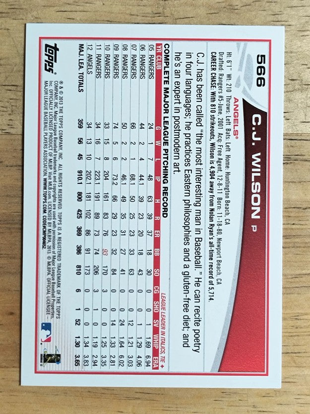 2013 Topps #566 C.J. Wilson