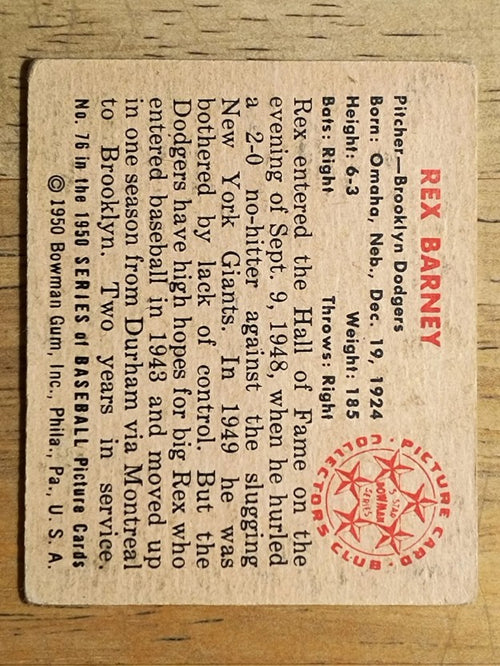 1950 Bowman #76 Rex Barney (VG)
