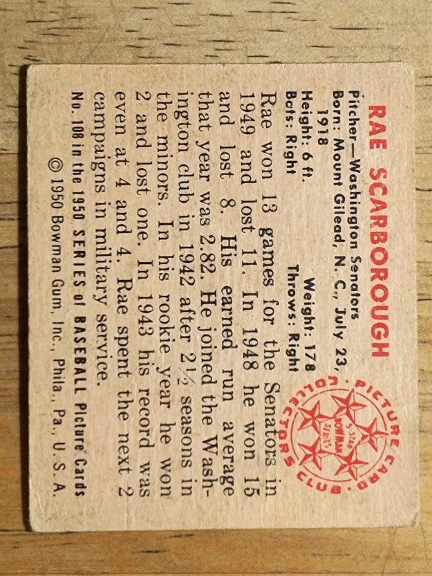 1950 Bowman #108 Ray Scarborough (VG)