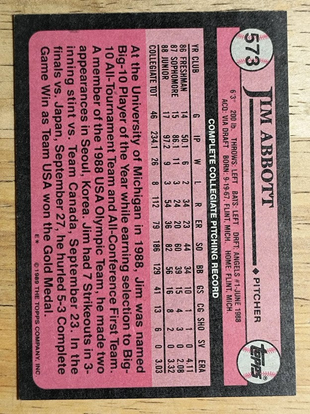1989 Topps #573 Jim Abbott FDP RC