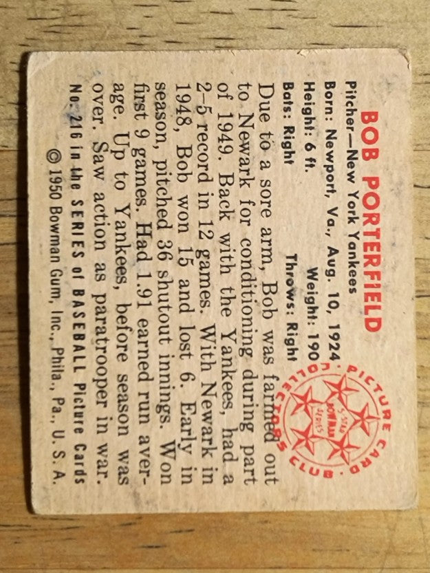 1950 Bowman #216 Bob Porterfield (GOOD)