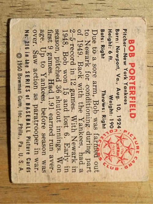 1950 Bowman #216 Bob Porterfield (GOOD)