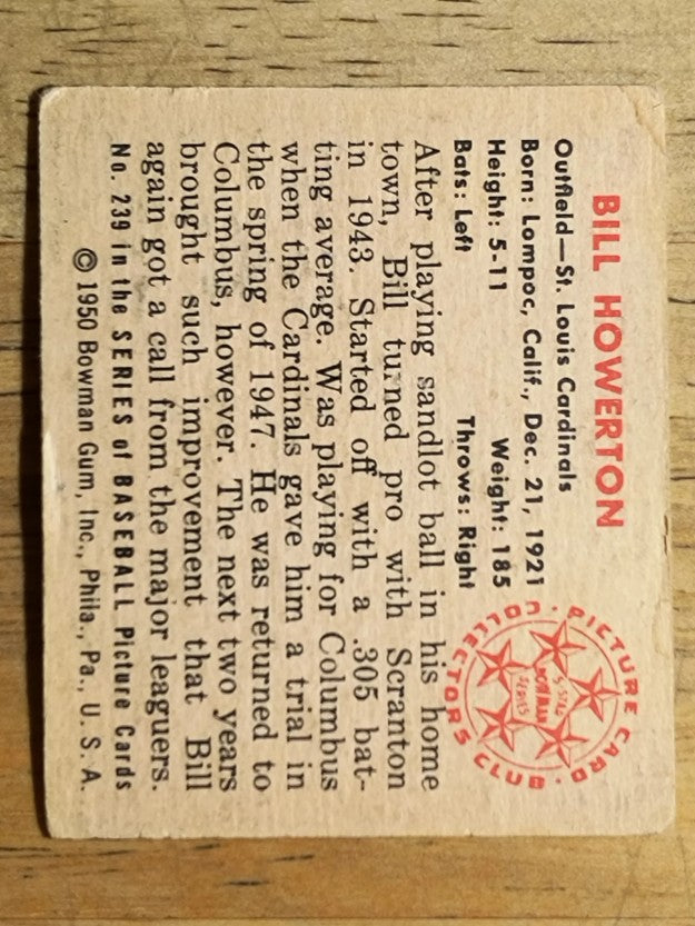 1950 Bowman #239 Bill Howerton RC (VG)