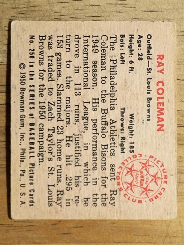 1950 Bowman #250 Ray Coleman RC (VG)