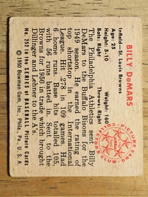 1950 Bowman #252 Billy DeMars RC (VG)