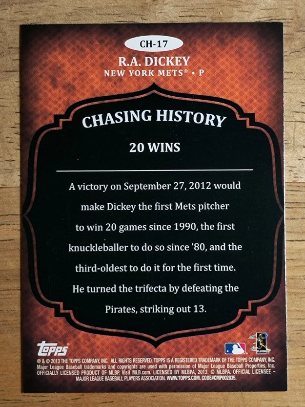 2013 Topps Chasing History Holofoil #CH17 R.A. Dickey