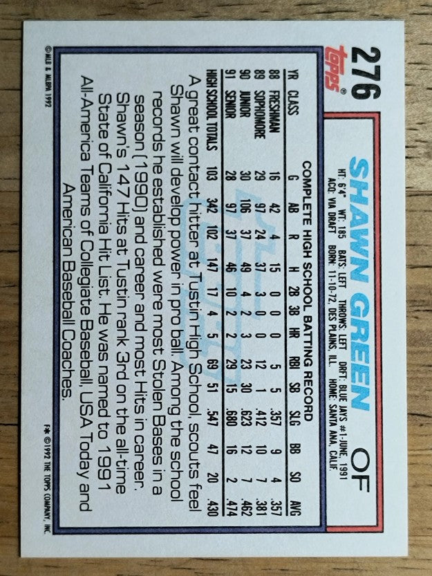 1992 Topps #276 Shawn Green RC