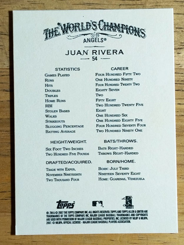 2007 Topps Allen and Ginter #54 Juan Rivera