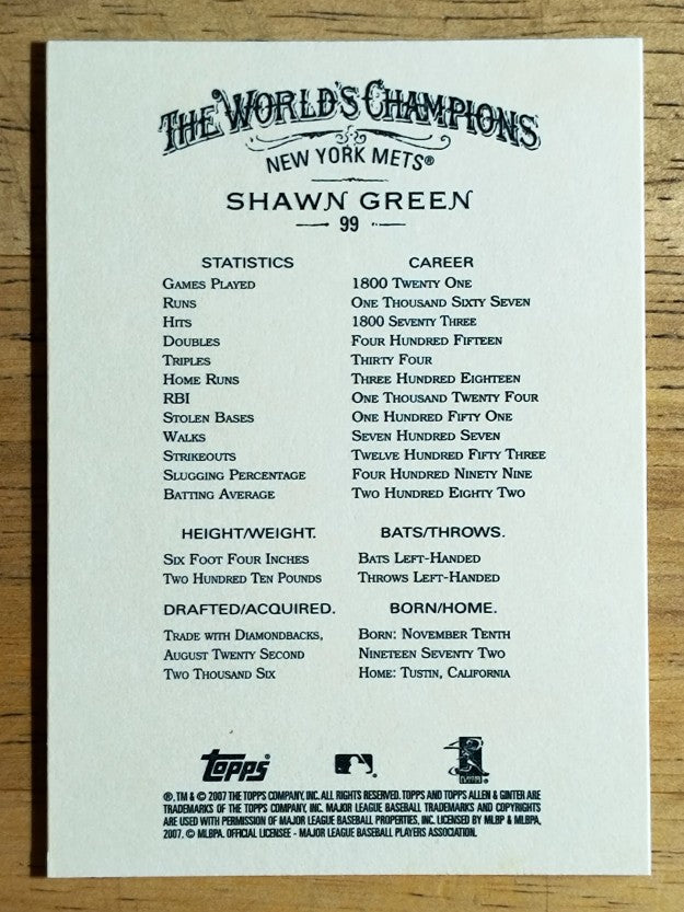 2007 Topps Allen and Ginter #99 Shawn Green