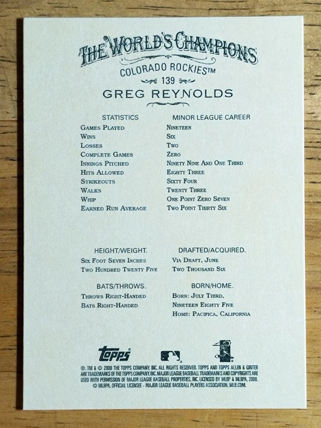 2008 Topps Allen and Ginter #139 Greg Reynolds RC