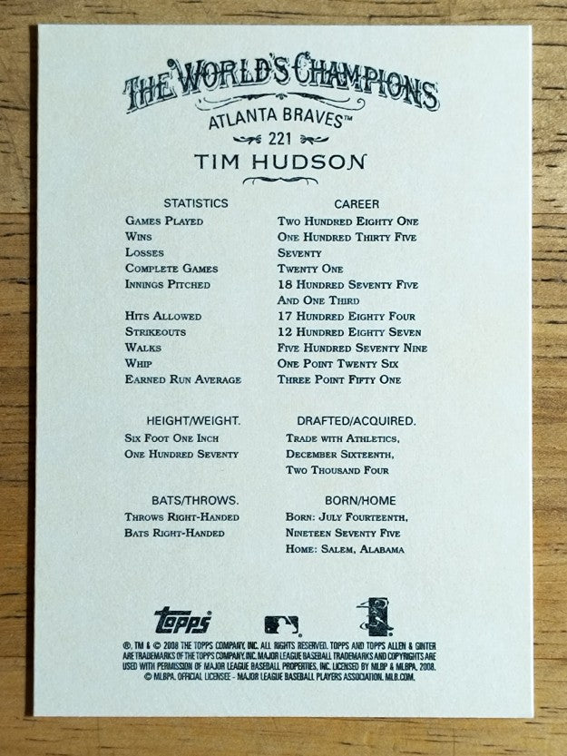 2008 Topps Allen and Ginter #221 Tim Hudson