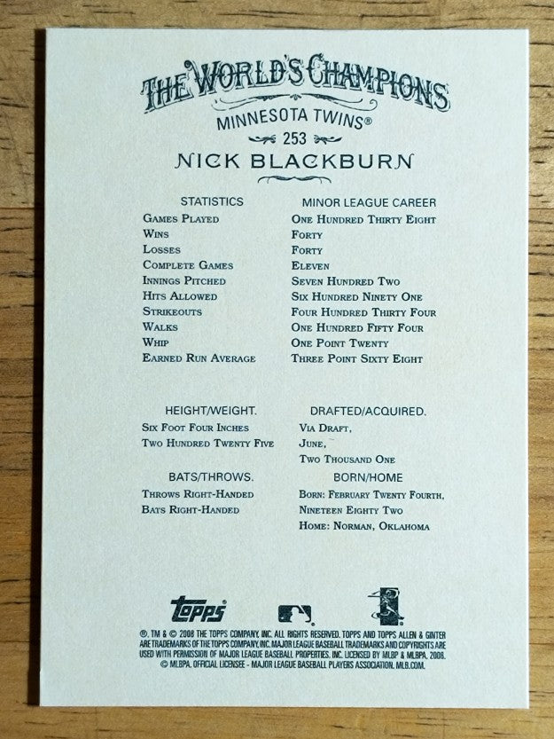 2008 Topps Allen and Ginter #253 Nick Blackburn RC