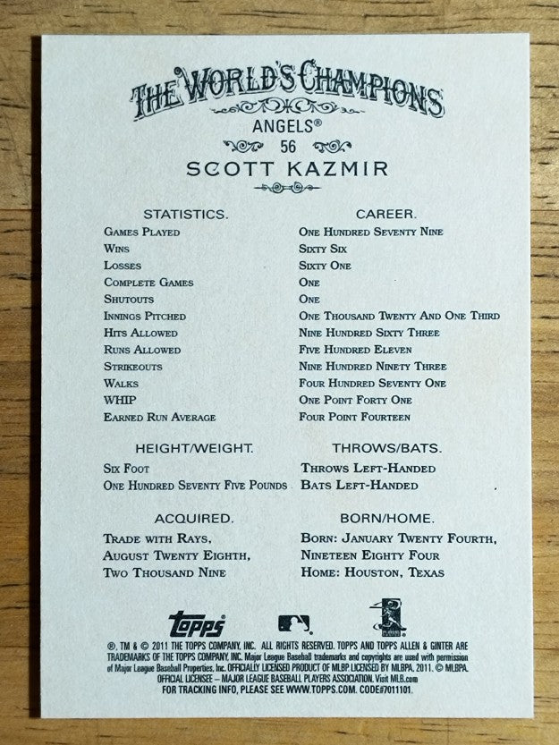 2011 Topps Allen and Ginter Code Cards #56 Scott Kazmir