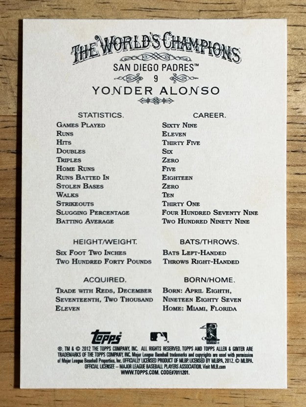 2012 Topps Allen and Ginter #9 Yonder Alonso