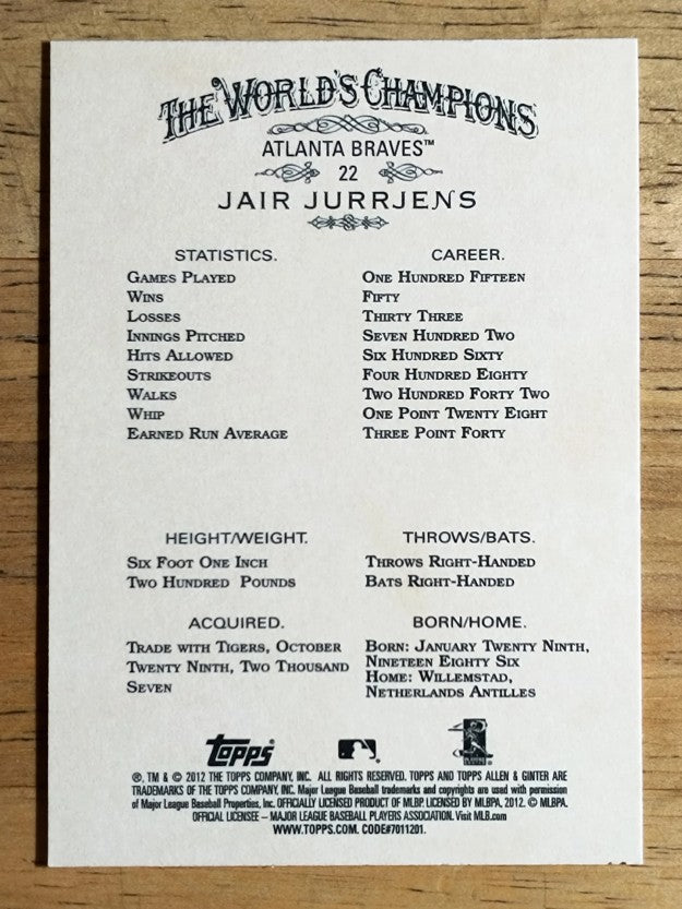 2012 Topps Allen and Ginter #22 Jair Jurrjens