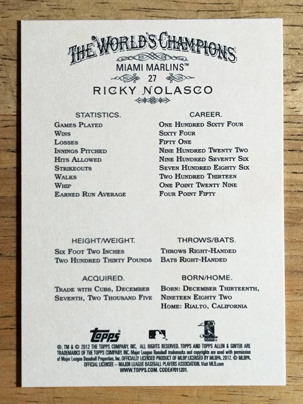 2012 Topps Allen and Ginter #27 Ricky Nolasco