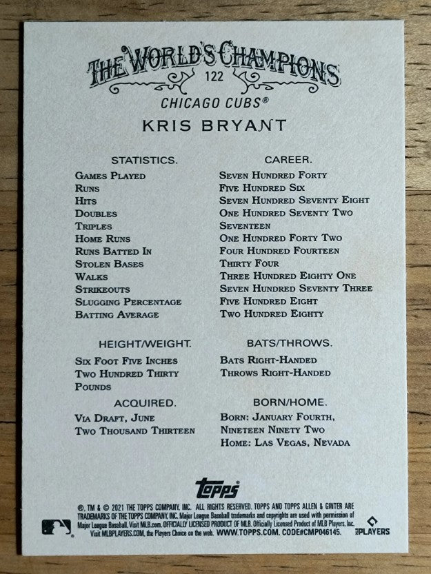 2021 Topps Allen and Ginter #122 Kris Bryant